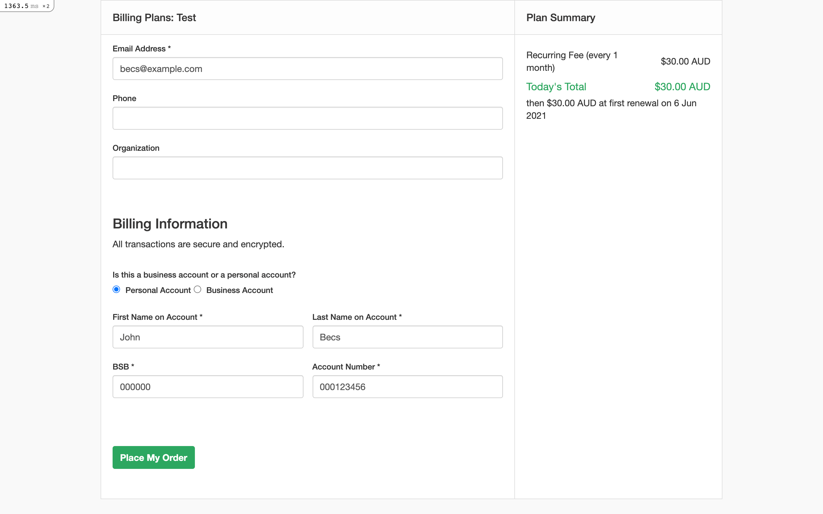 Public signup page for a BECS payment, with BSB and account number fields