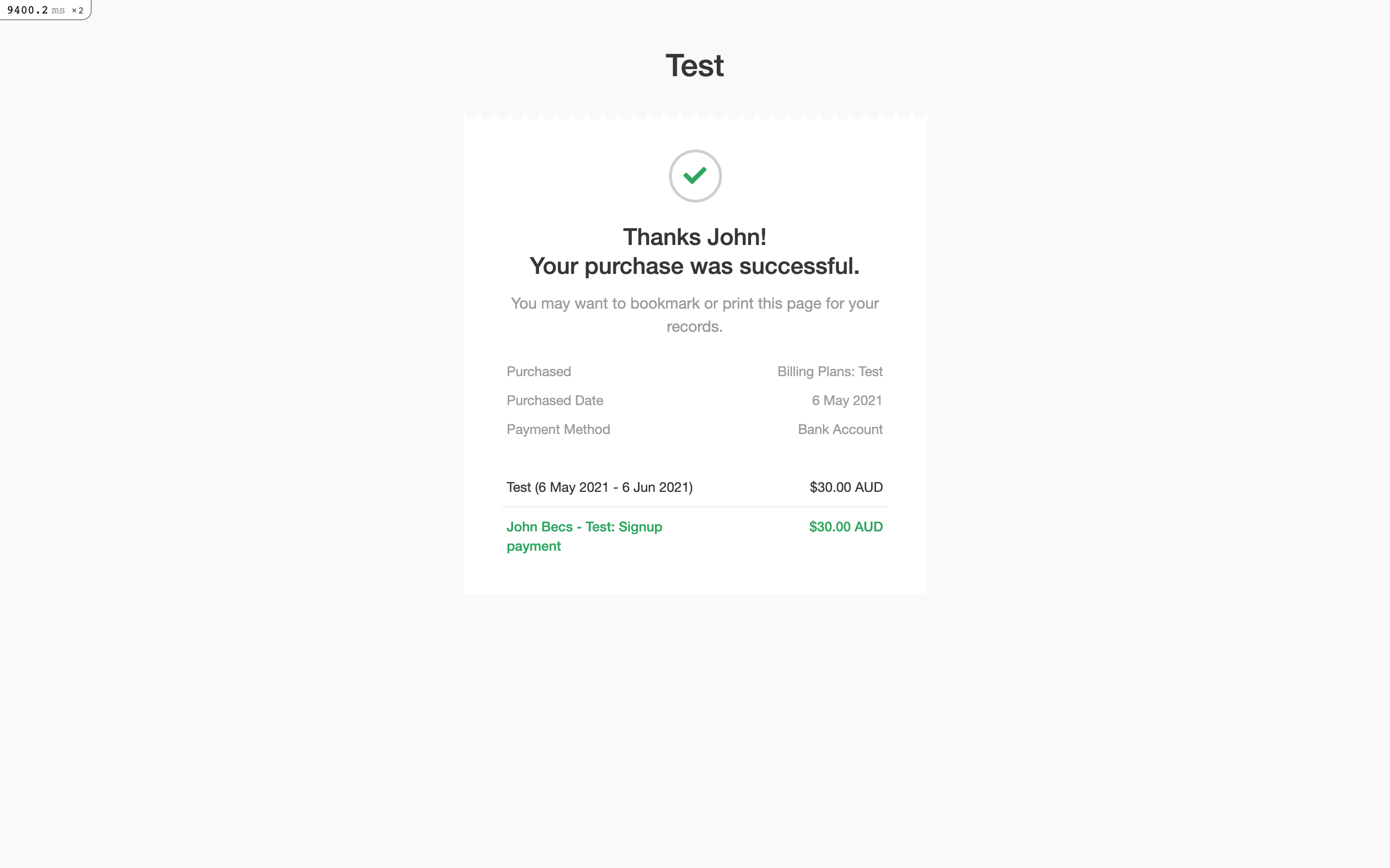 BECS signup confirmation showing a successful purchase of $30.00 AUD
