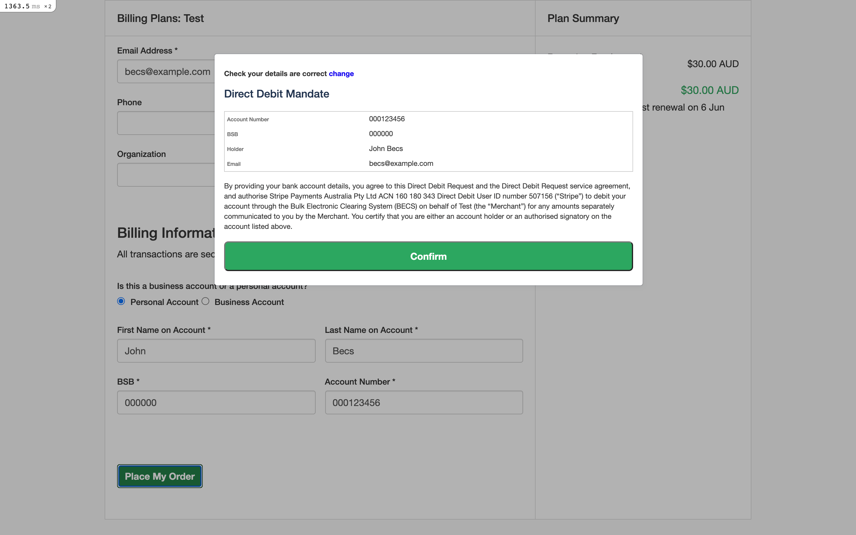 BECS Direct Debit mandate confirmation shown to the subscriber at signup
