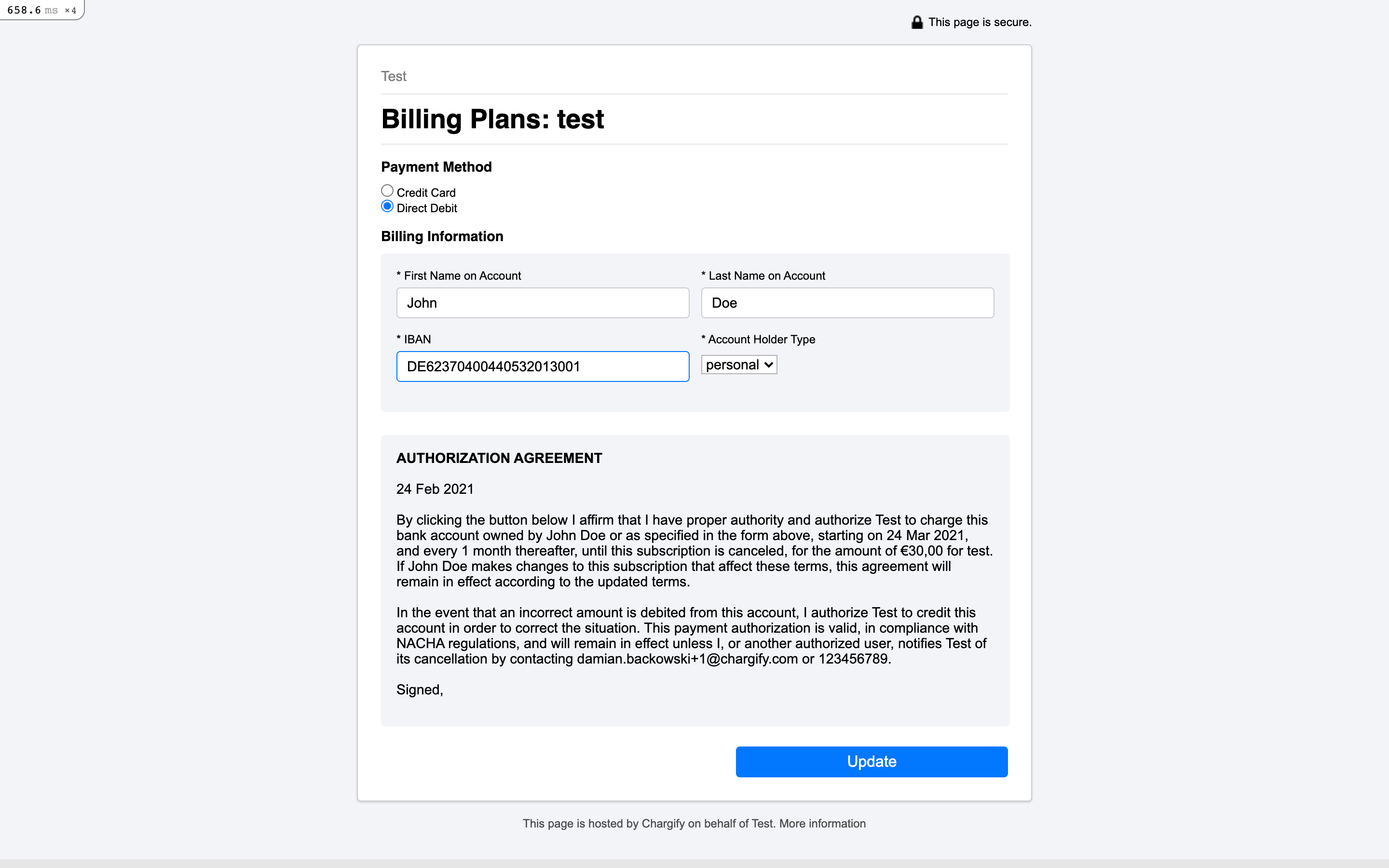 Self-Service Page where an existing subscriber enters new SEPA bank details