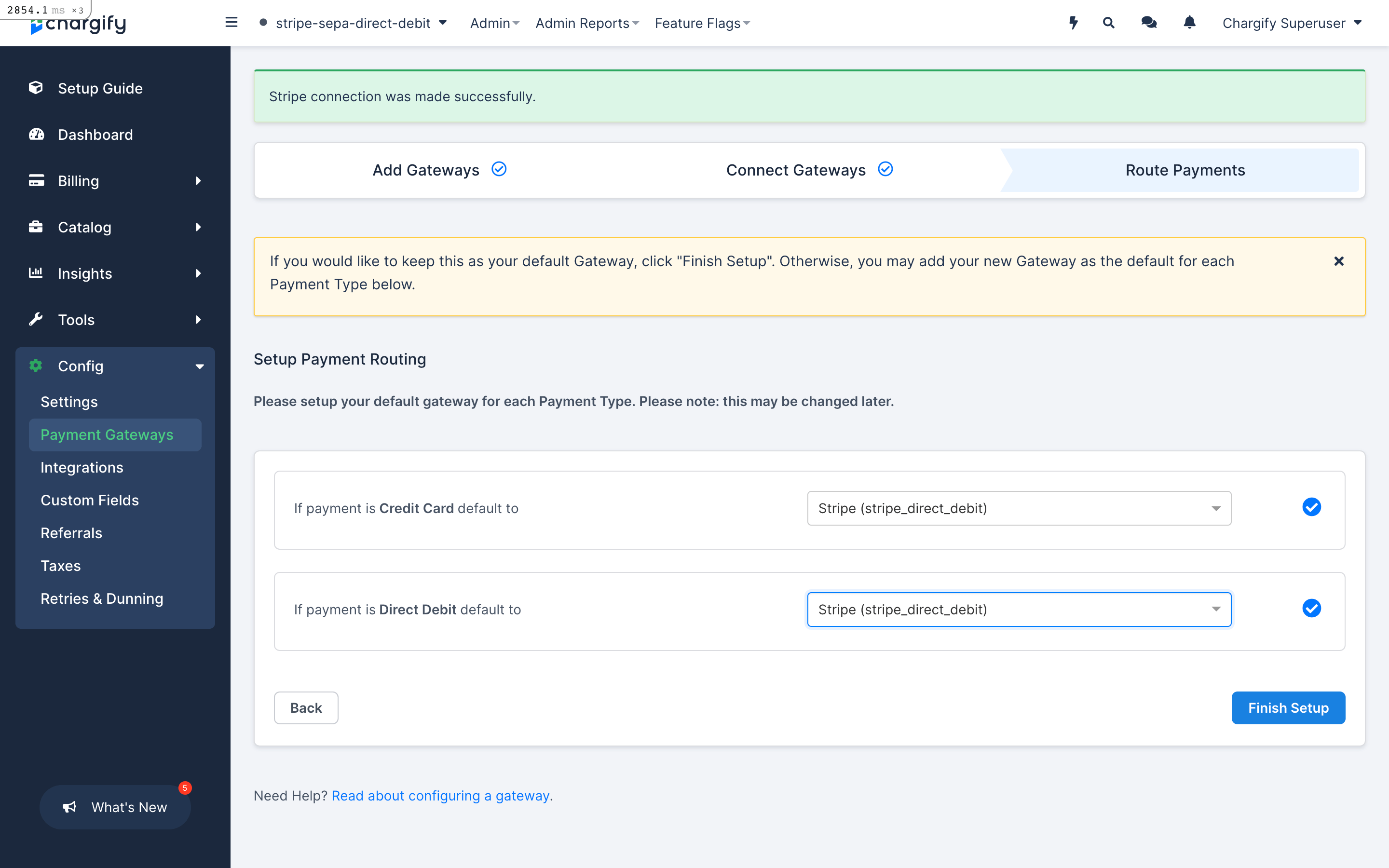 Setup Payment Routing screen mapping Credit Card and Direct Debit each to a default gateway