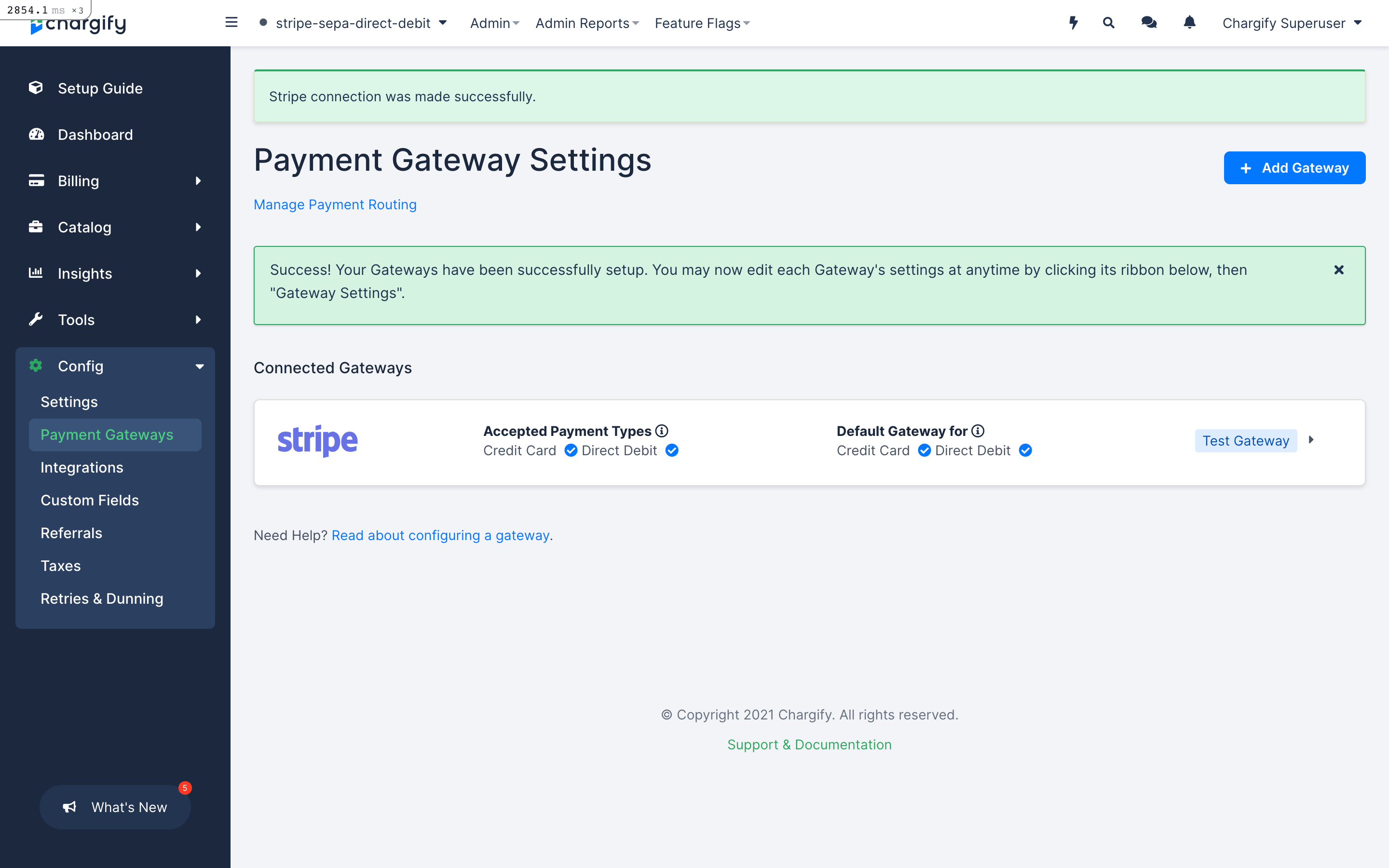 Payment Gateway Settings showing Stripe connected with its accepted payment types and a Test Gateway control