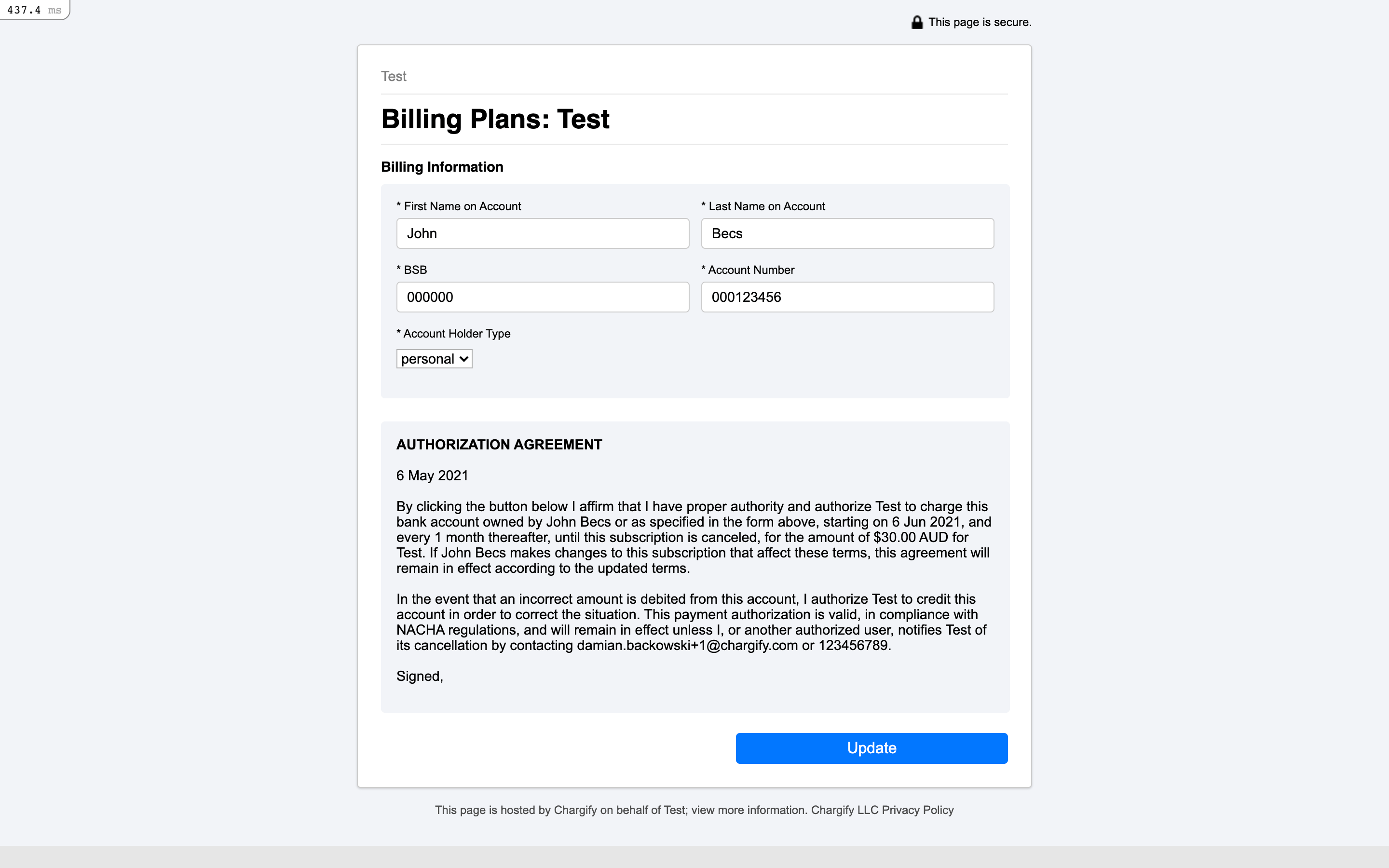Self-Service Page where an existing subscriber enters new BECS bank details