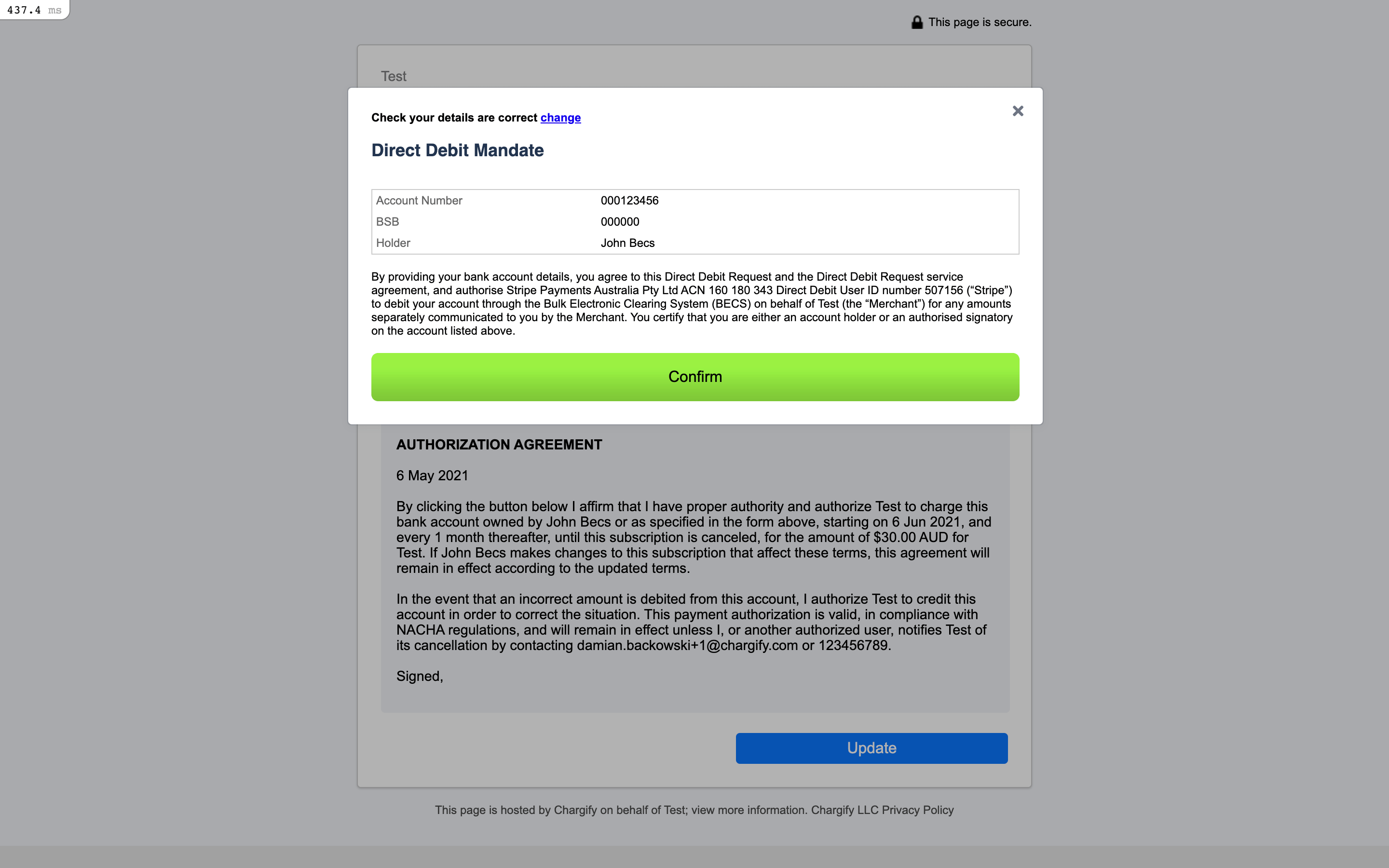 BECS mandate confirmation for a replacement payment method