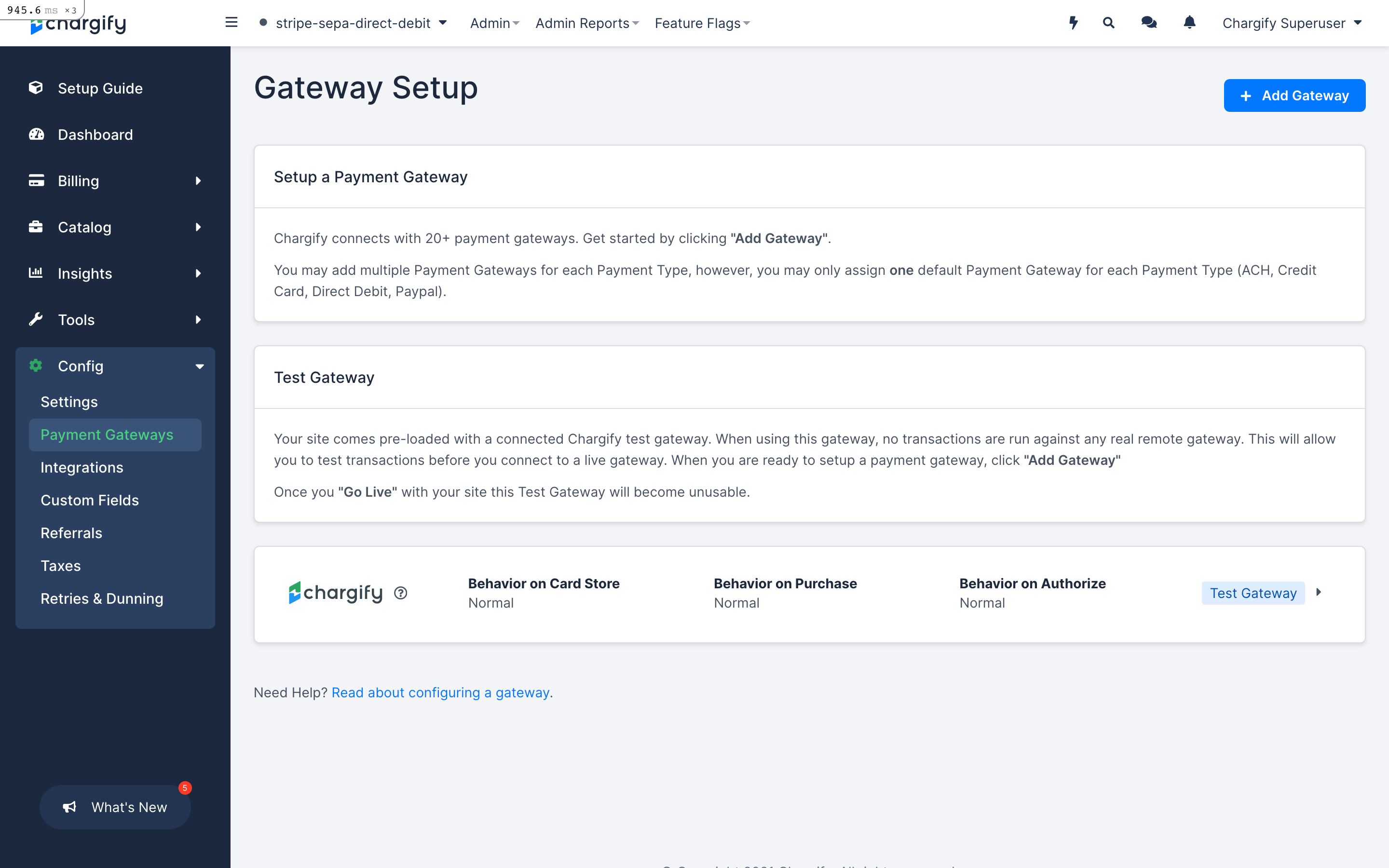 Gateway Setup page with an Add Gateway button, noting only one default gateway per payment type and that the test gateway stops working once the site goes live