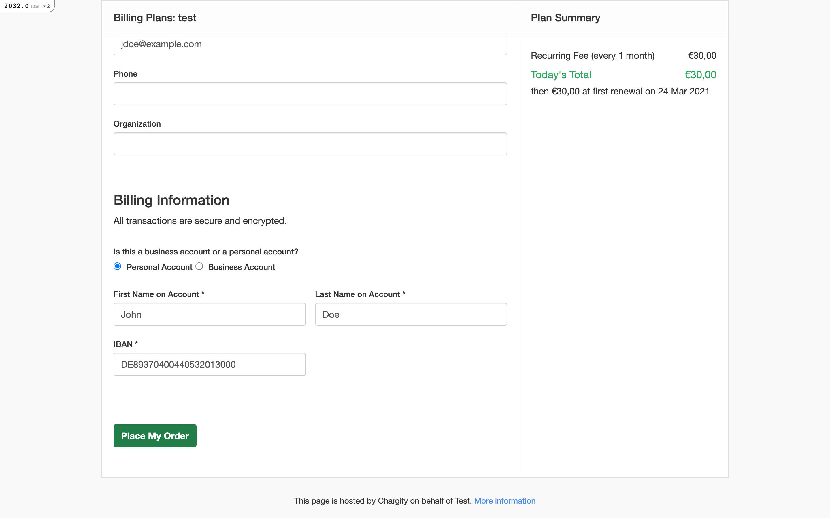 Public signup page for a SEPA payment, with an IBAN field beside the plan summary