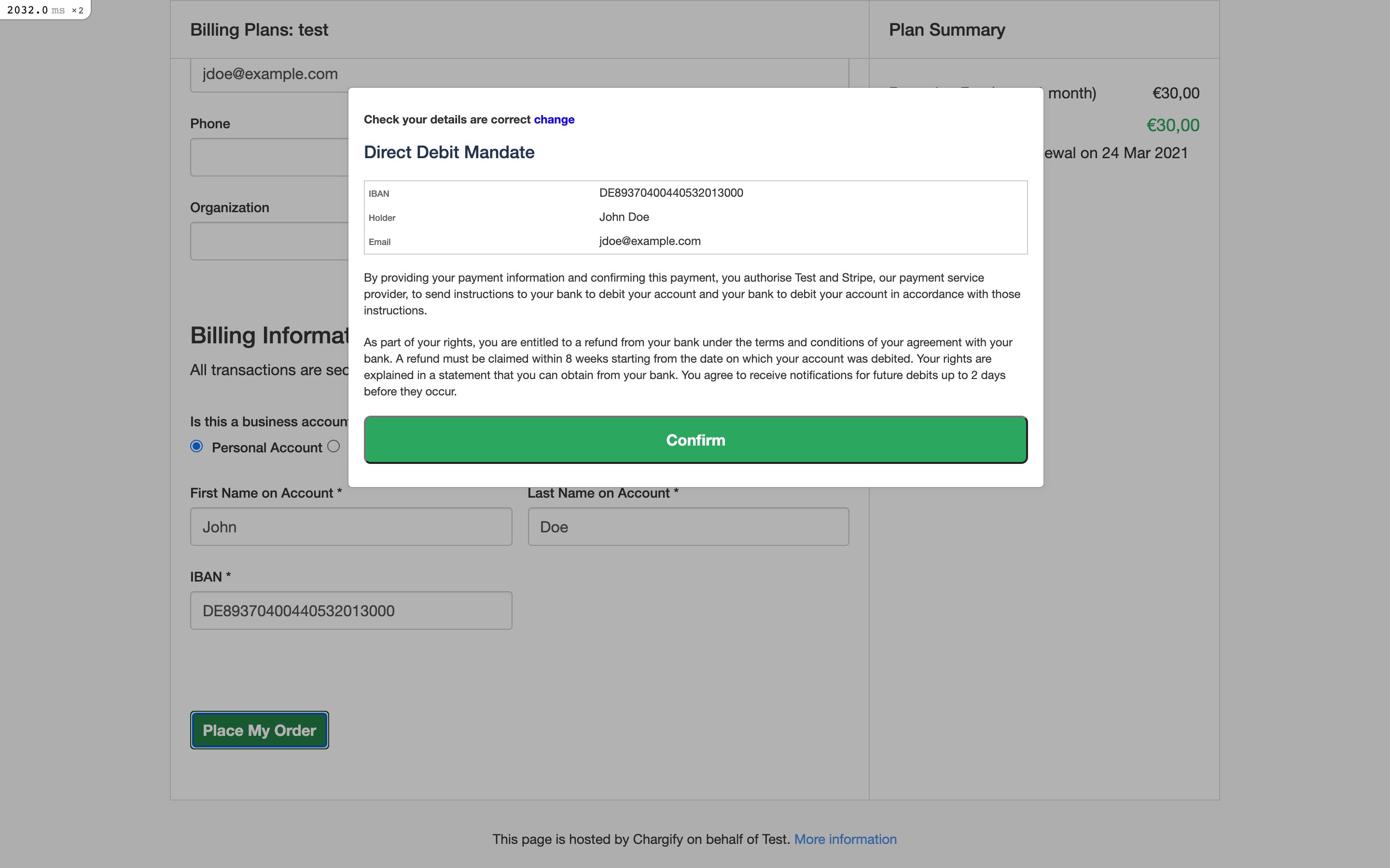 SEPA Direct Debit mandate confirmation shown to the subscriber at signup