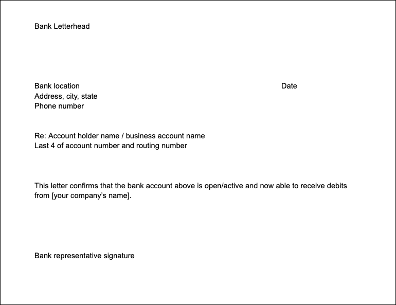 Bank letter template confirming an account is open and able to receive debits, with letterhead, account reference and signature lines