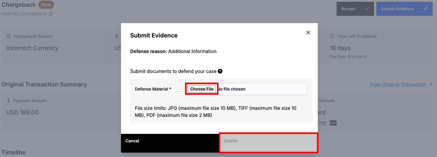 Submit Evidence dialog with a defense reason selector and file limits of 10 MB for JPG and TIFF but 2 MB for PDF