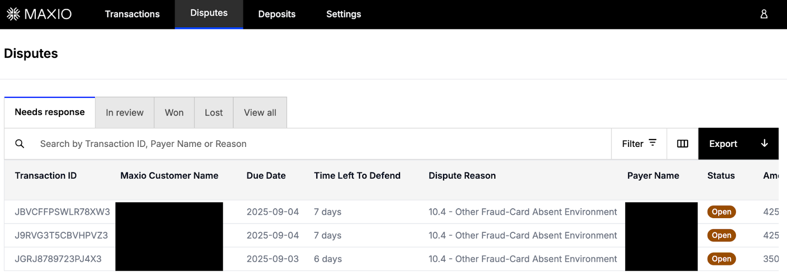 Disputes list with tabs for needs response, in review, won and lost, and columns for due date, time left to defend and dispute reason