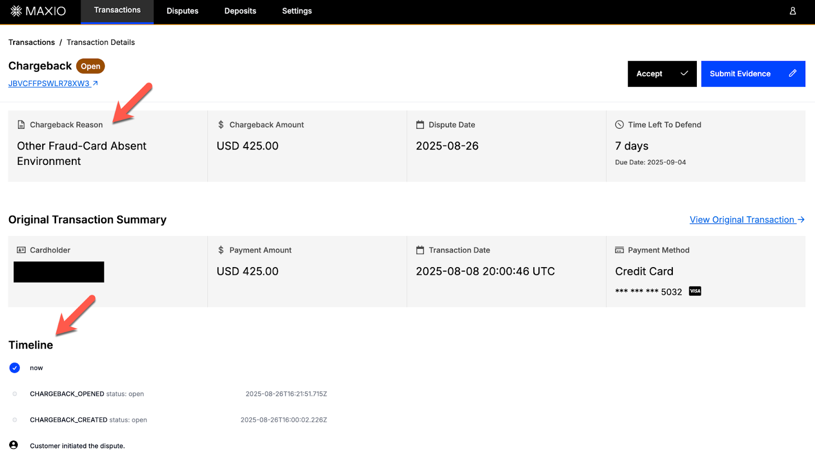 Chargeback detail for a fraud dispute of USD 425.00 with seven days left to defend, above a timeline of chargeback events