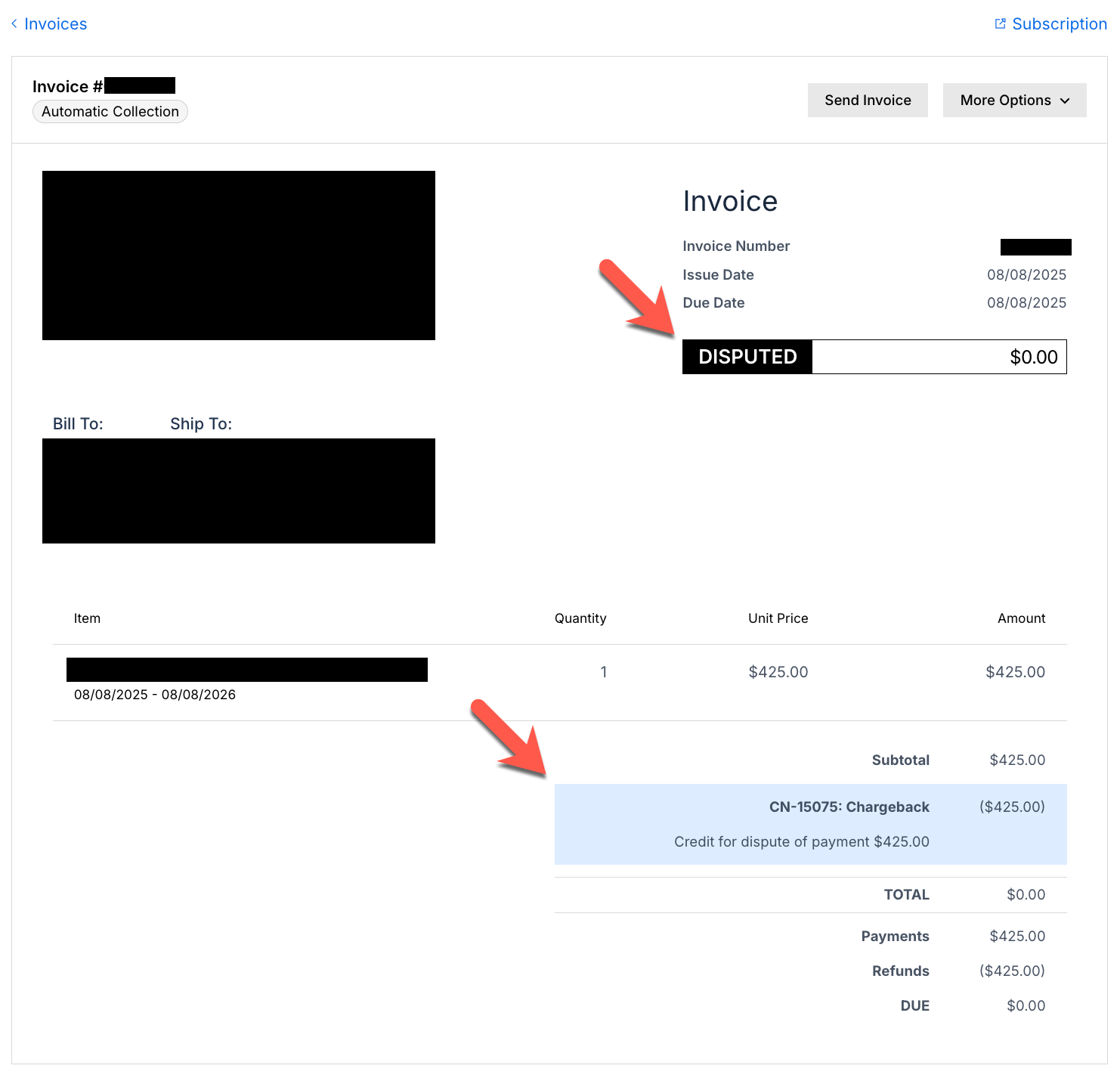 Invoice marked disputed, with a chargeback credit line bringing the balance to zero
