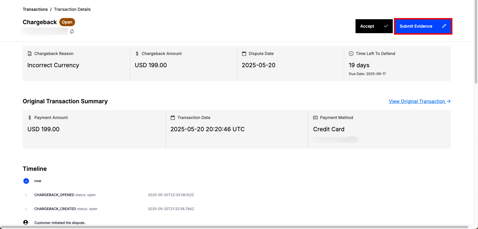 Chargeback detail for an incorrect-currency dispute of USD 199.00 with nineteen days left to defend