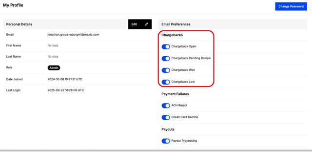 Profile email preferences with toggles for chargeback opened, pending review, won and lost, plus payment failures and payouts