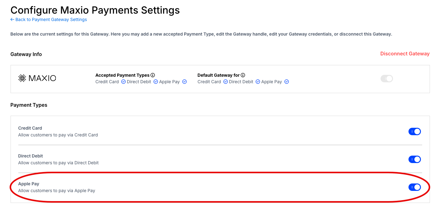 Maxio Payments settings with the Apple Pay toggle circled in the payment types list