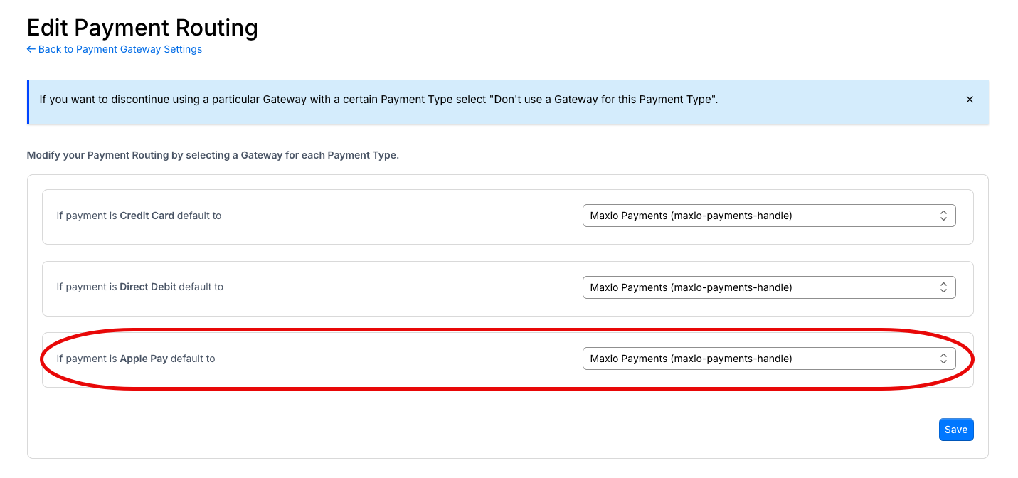 Edit Payment Routing panel with the Apple Pay row circled, mapping each payment type to a gateway