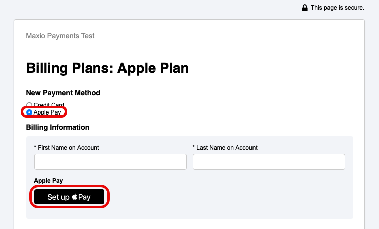 Public signup page with Apple Pay selected and a Set up Apple Pay button circled