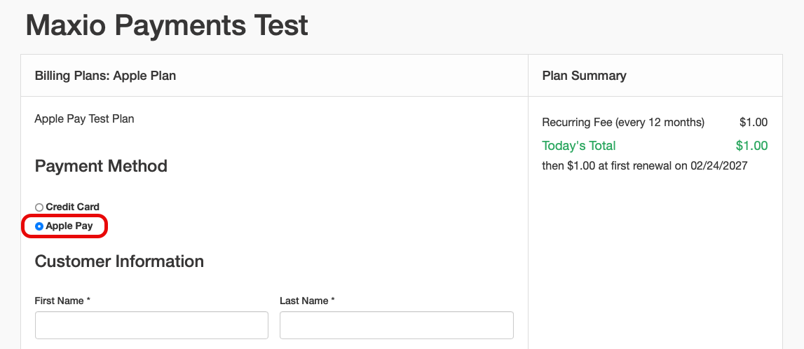 Public signup page with Apple Pay chosen as the payment method beside the plan summary