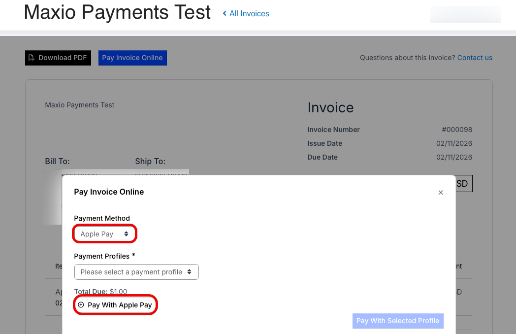 Pay Invoice Online dialog opened from the Billing Portal, with Apple Pay selected