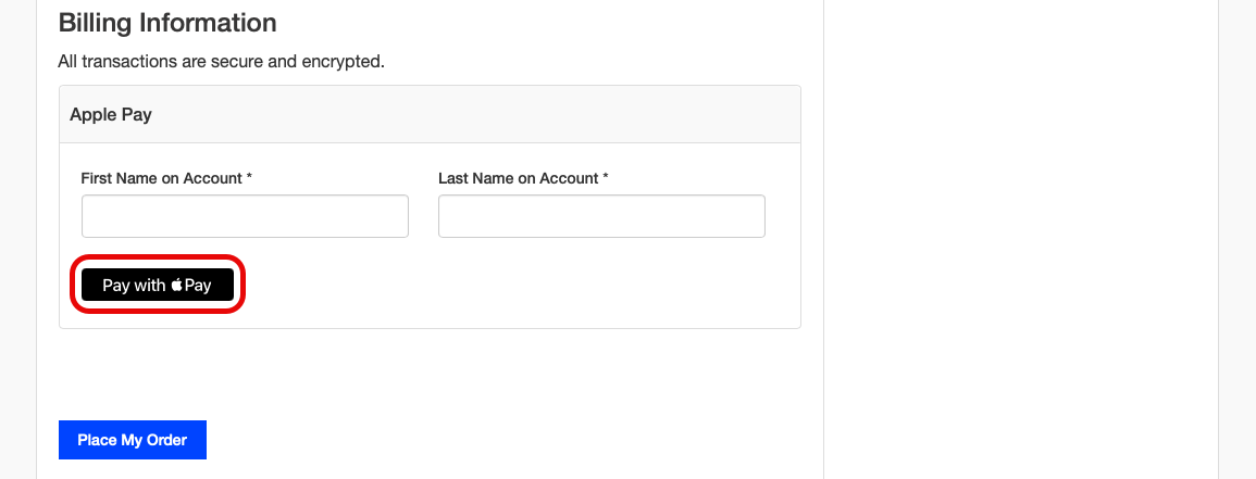 Billing information step with a Pay with Apple Pay button circled above Place My Order