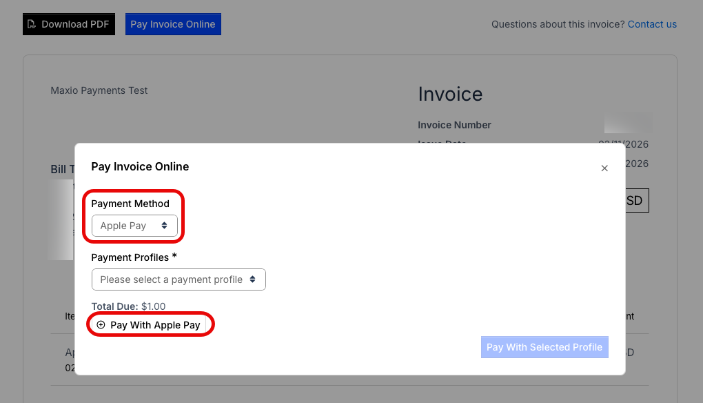 Pay Invoice Online dialog opened from an invoice, with Apple Pay selected and Pay With Apple Pay circled