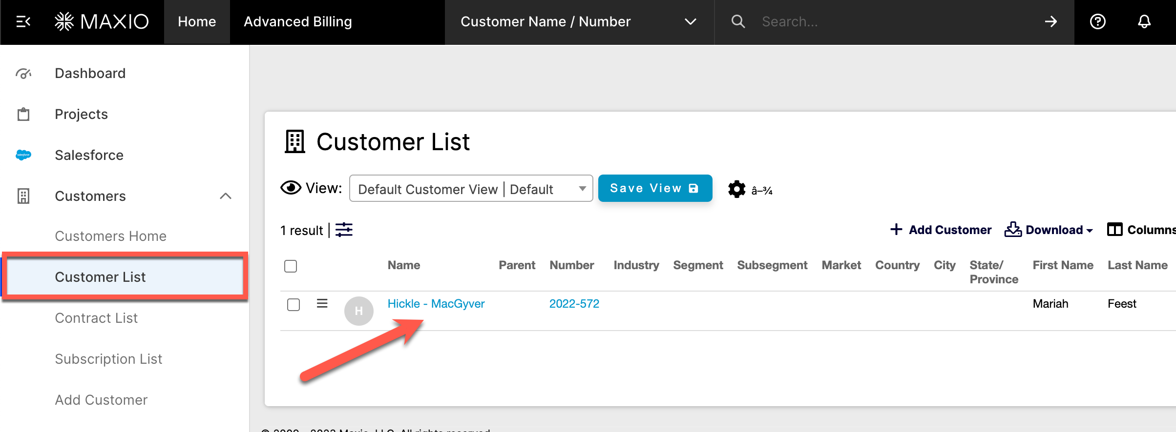 Customer List page in Maxio Core