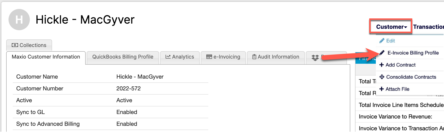 Customer drop-down menu with the e-Bill Billing Profile option