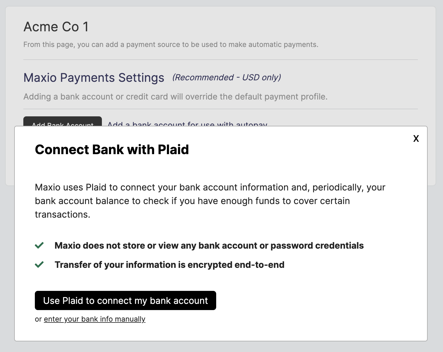 Connect Bank with Plaid dialog over the payment page, stating that Maxio stores no bank credentials, with a "Use Plaid to connect my bank account" button and a manual-entry link beneath it