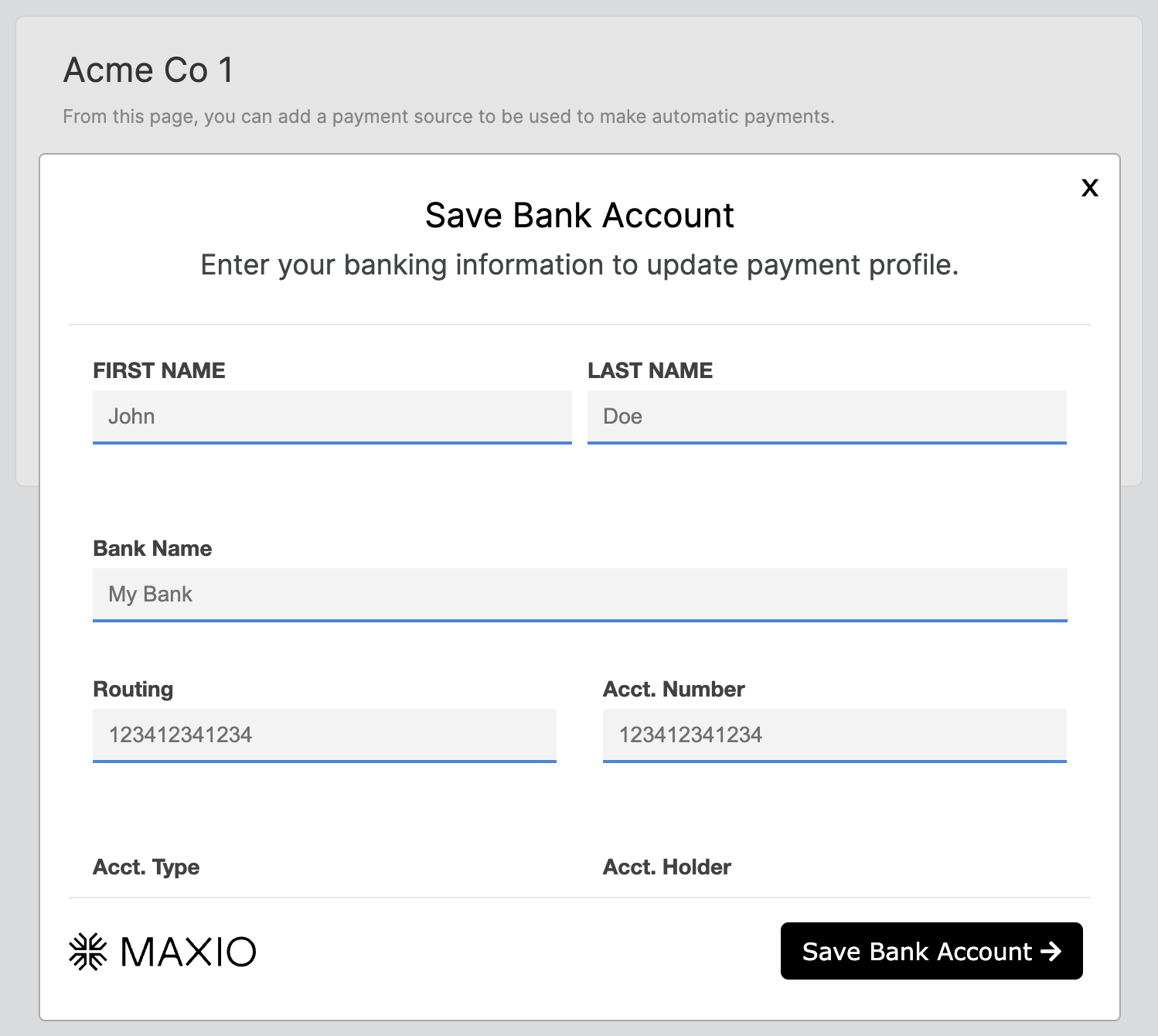 Save Bank Account dialog with first and last name, bank name, routing number and account number fields above a Save Bank Account button