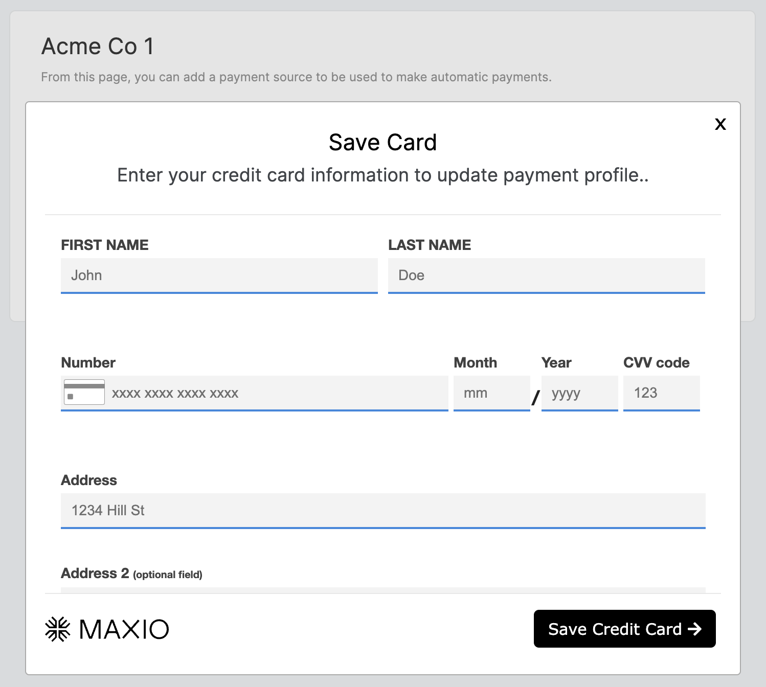 Save Card form for entering credit card information
