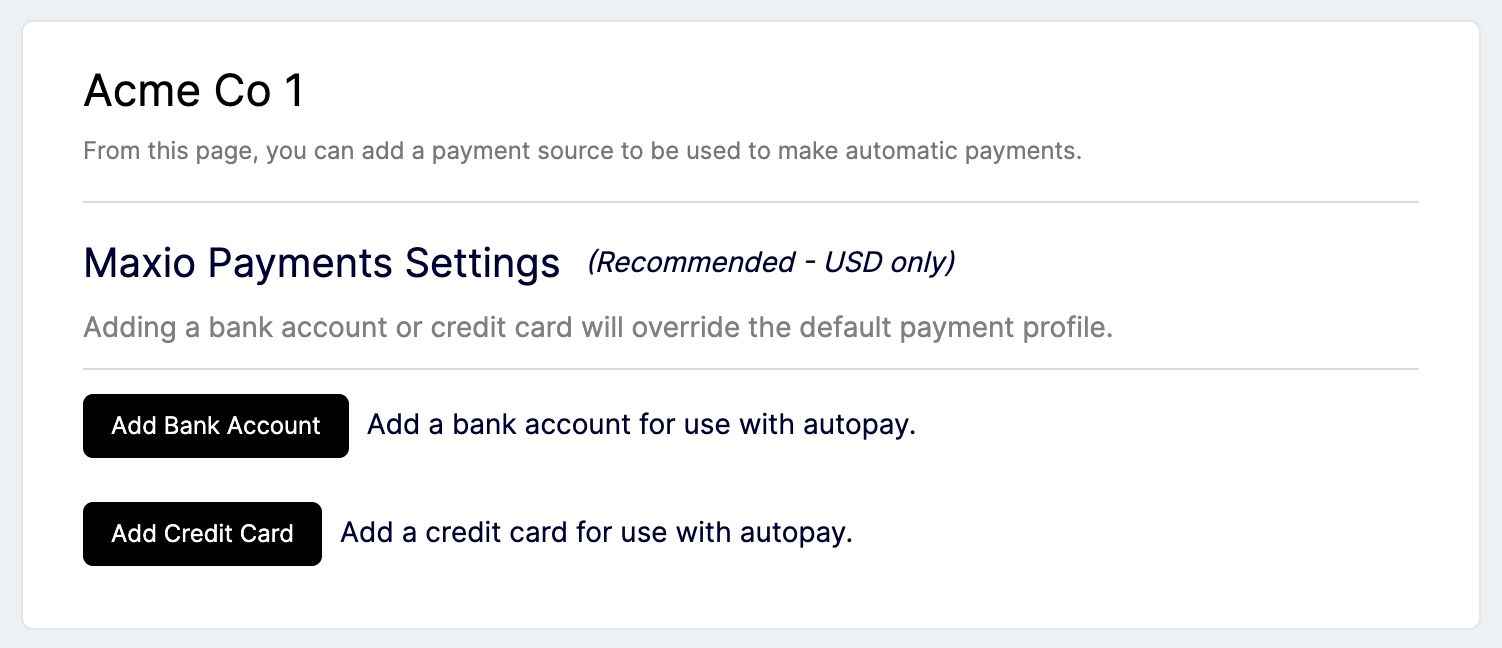 Customer payment update page showing autopay and payment profile options