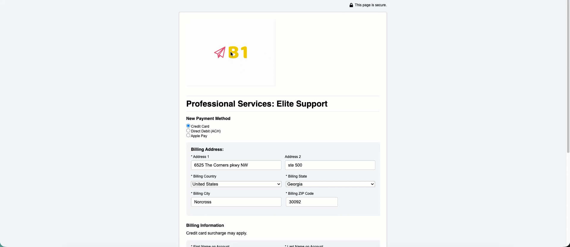 Self-Service Page with New Payment Method selected, offering Credit Card, Direct Debit (ACH) and Apple Pay above a filled-in billing address block