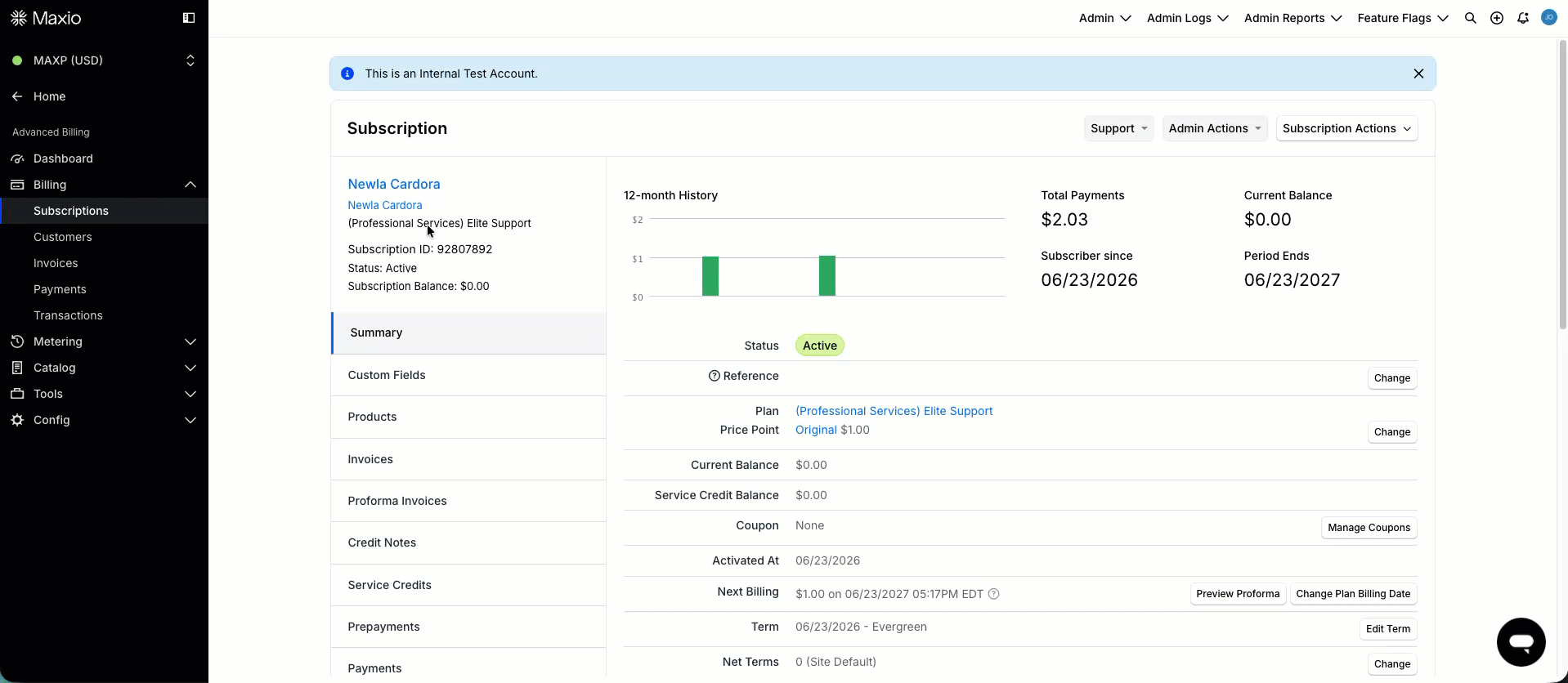 Subscription Summary page in Advanced Billing