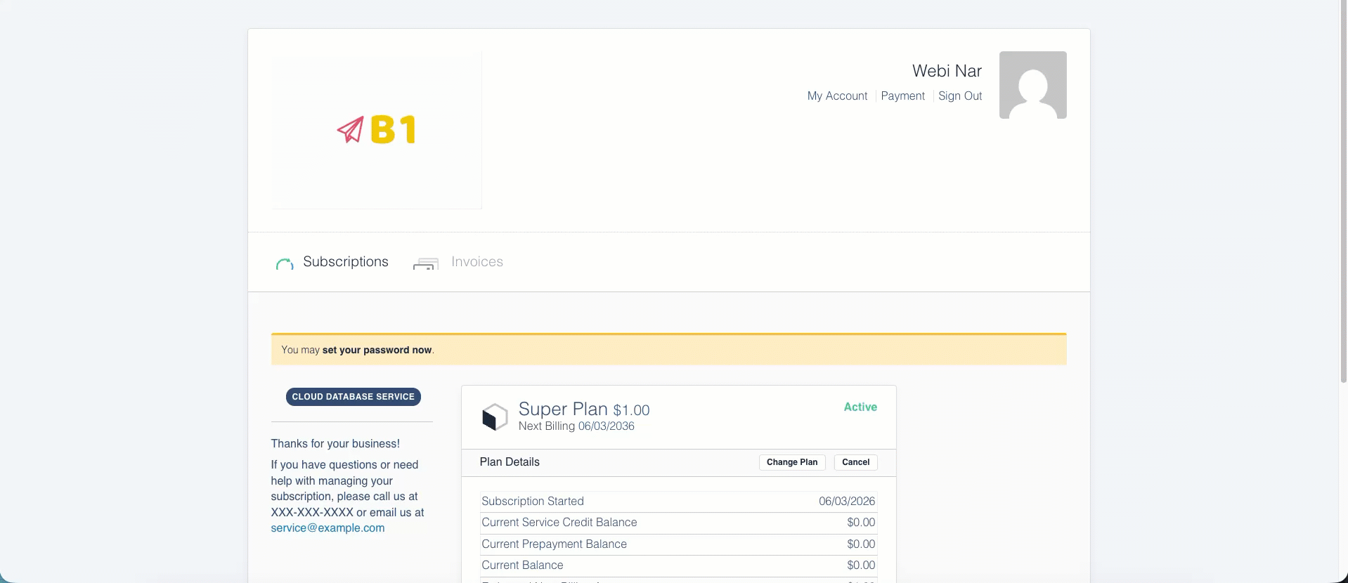 Billing Portal home page showing the Payment link and the Subscriptions tab
