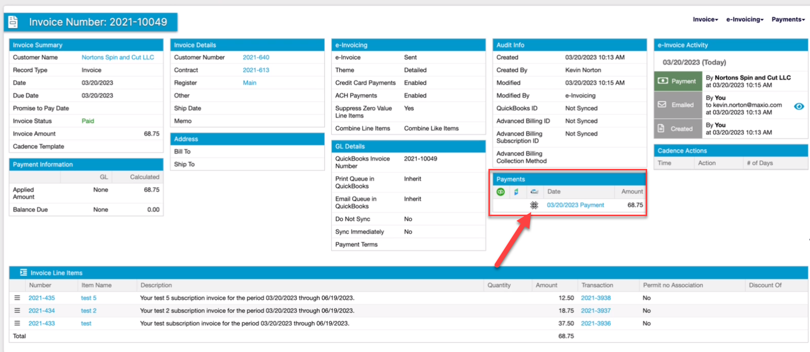 Invoice detail page with the Maxio Payments emblem under the Payments section