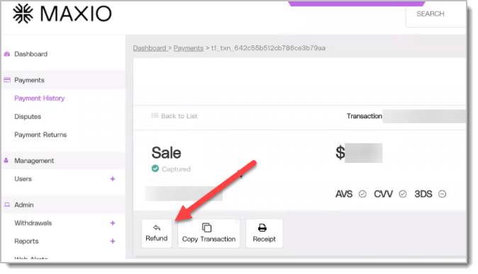 Maxio Payments transaction page with the Refund button