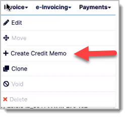 Invoice drop-down menu with the Create Credit Memo option