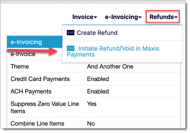 Refunds menu with the Initiate Refund/Void in Maxio Payments option
