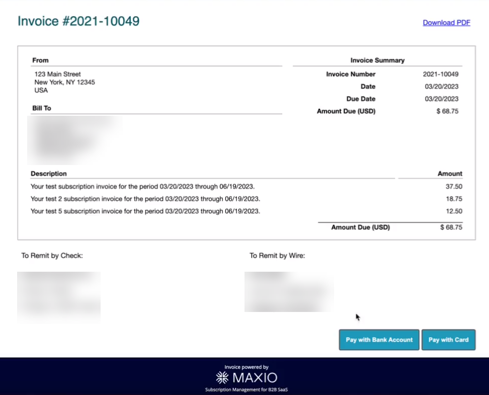 e-Bill invoice payment page with Pay with Bank Account and Pay with Card options