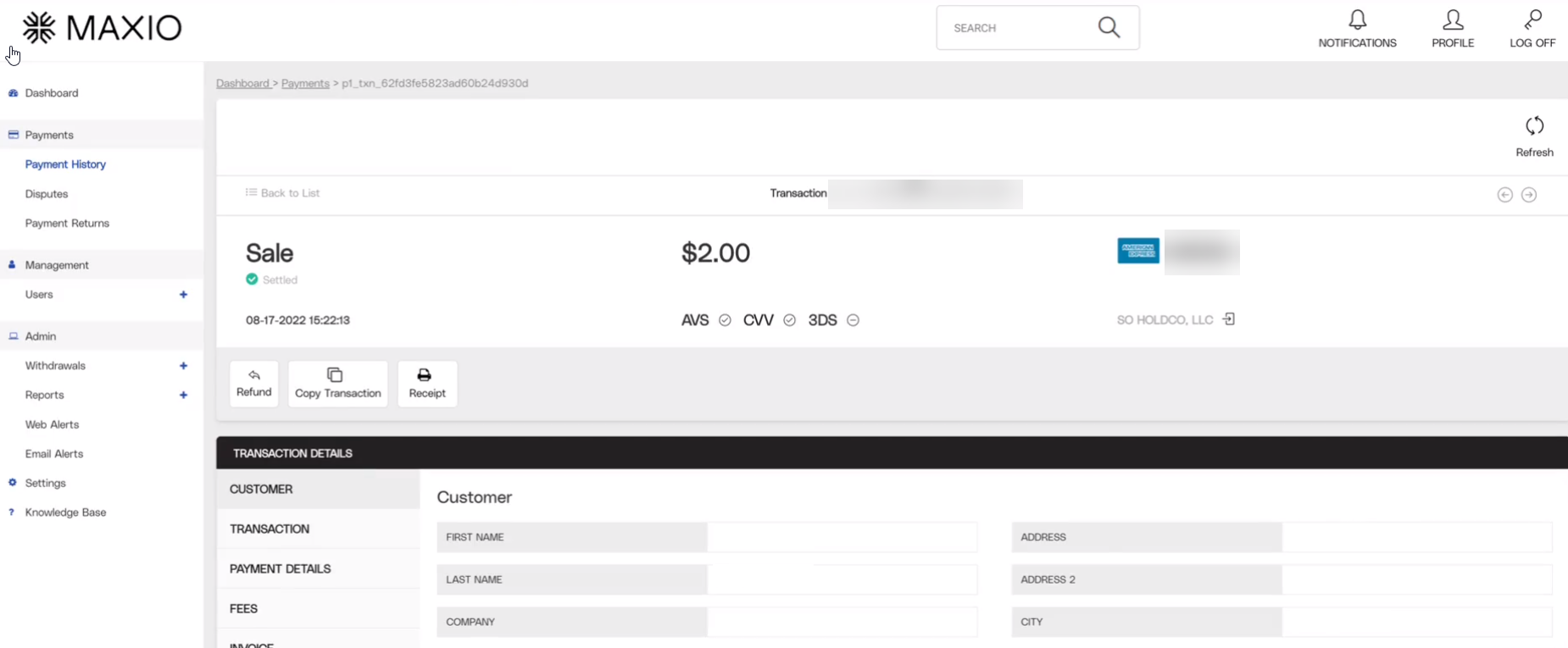 Maxio Payments transaction detail for a settled $2.00 sale, showing its AVS, CVV and 3DS results with Refund, Copy Transaction and Receipt buttons above the customer fields