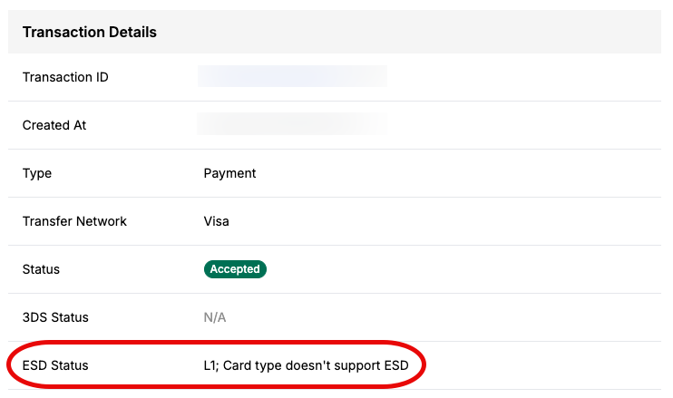 ESD Status field showing an L1 reason code on the Transaction Details page