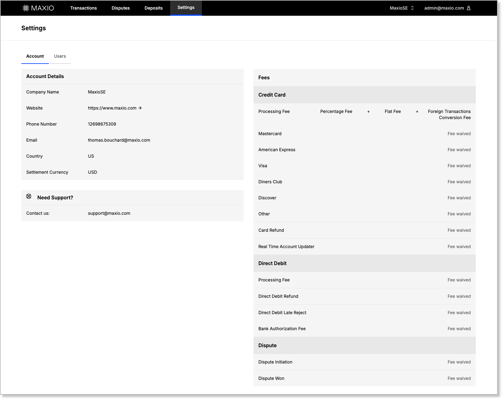 Maxio Payments account settings with account details beside a fees table of per-network processing and flat fees