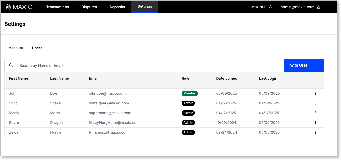 Users tab listing five users with role, date joined and last login, and an Invite User button