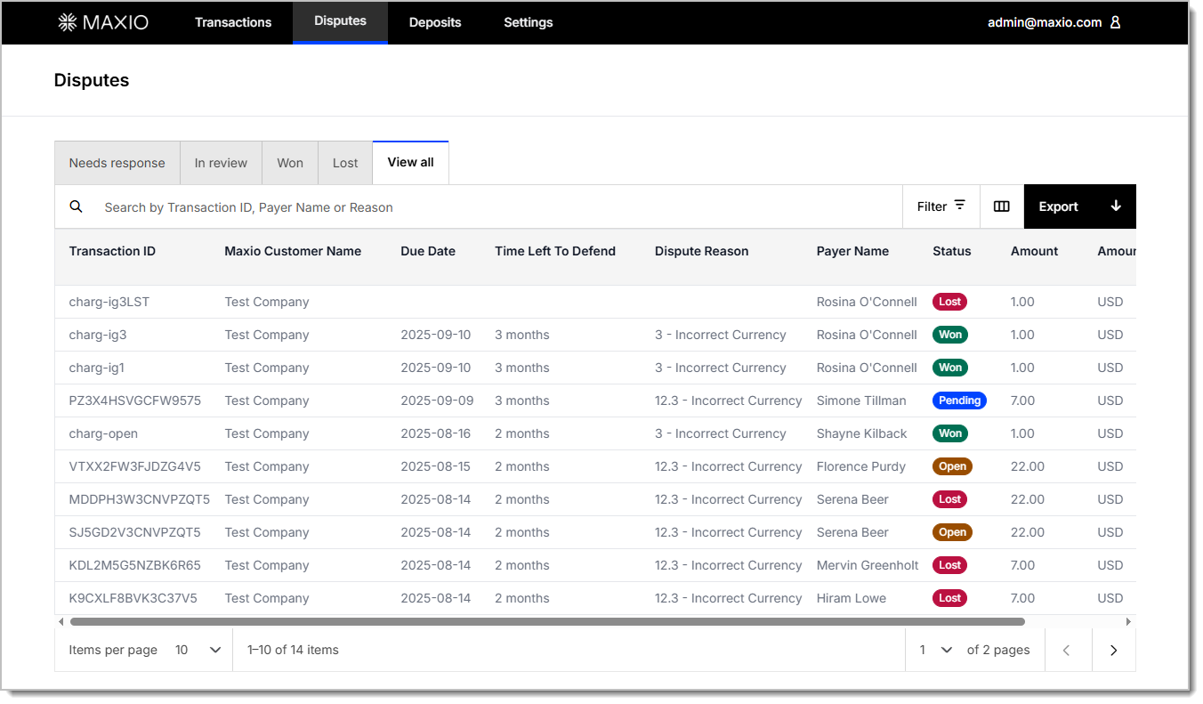 Transactions list with columns for payment method, transfer network, type, status, amount and settlement amount