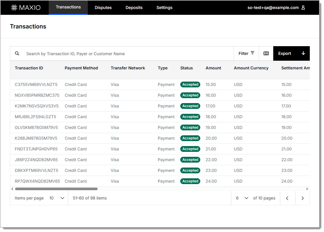 Transaction detail with cardholder and payment panels breaking out amount, settlement amount, total fees and net amount