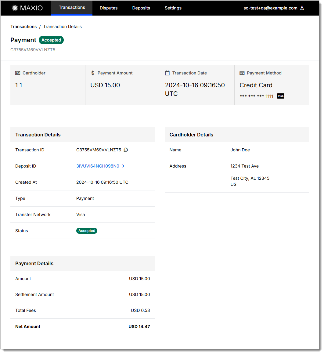 Transaction detail with cardholder and payment panels breaking out amount, settlement amount, total fees and net amount