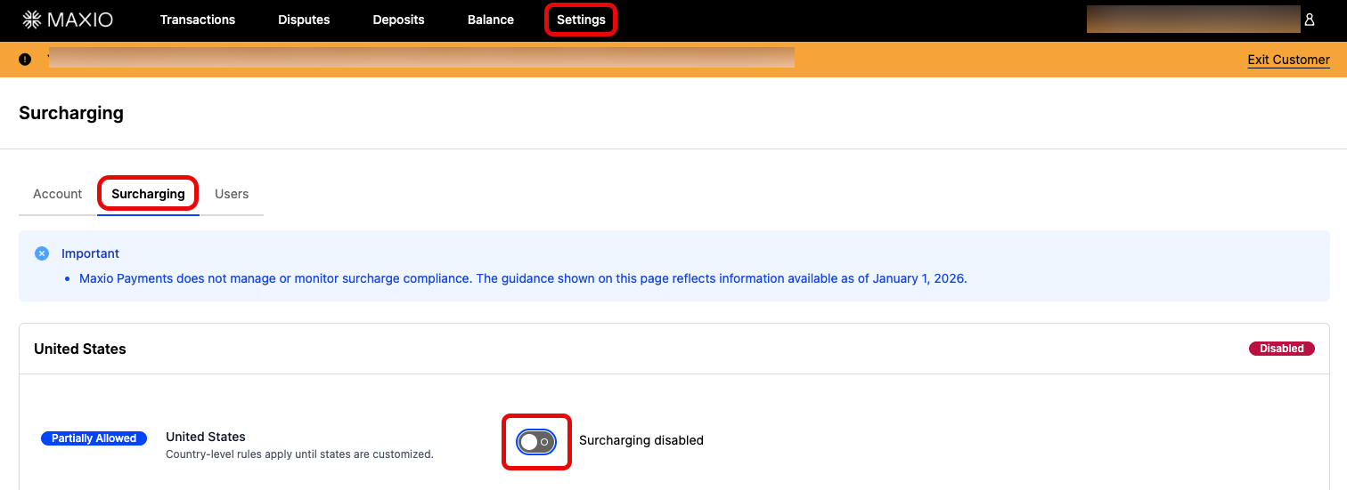 Surcharging settings page with the country-level toggle disabled
