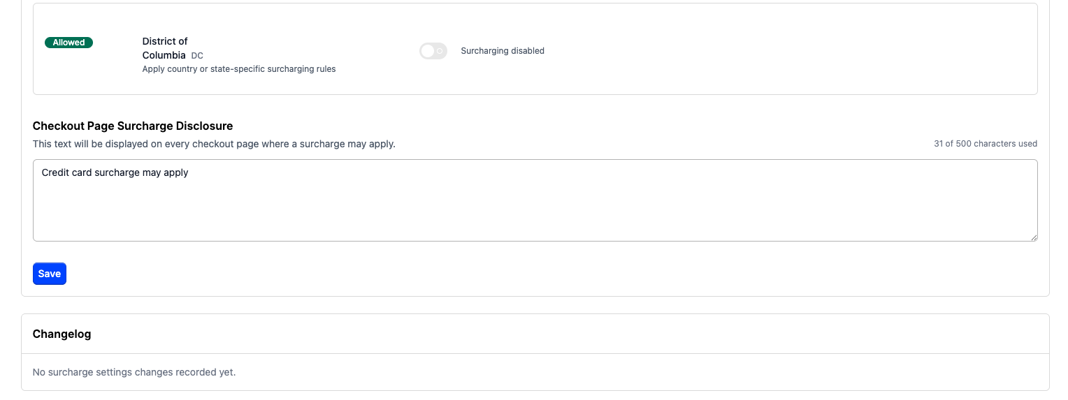 Surcharge settings changelog showing no changes recorded yet