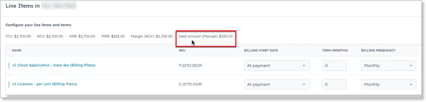 a HubSpot deal's line items with the resulting deal amount outlined above the table