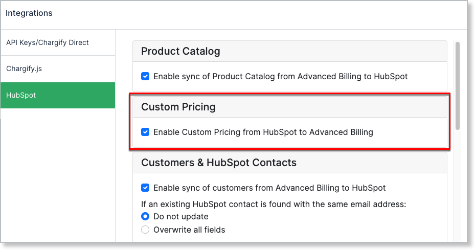 the HubSpot integration settings with the Custom Pricing section outlined and its checkbox enabled
